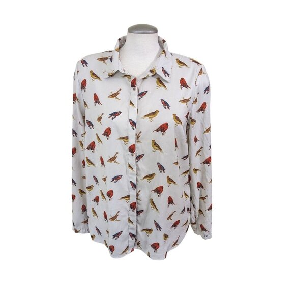 Forever 21 Womens Blouse Button Up Top Shirt Size L Cream All Over Bird Print - Picture 2 of 12